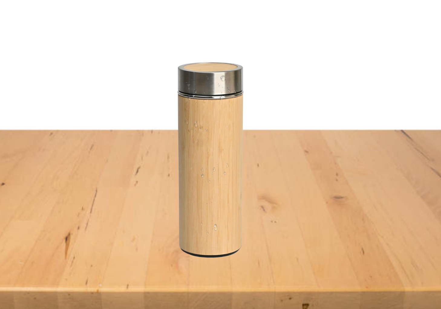 bamboo water bottle with bamboo lid on a wooden surface