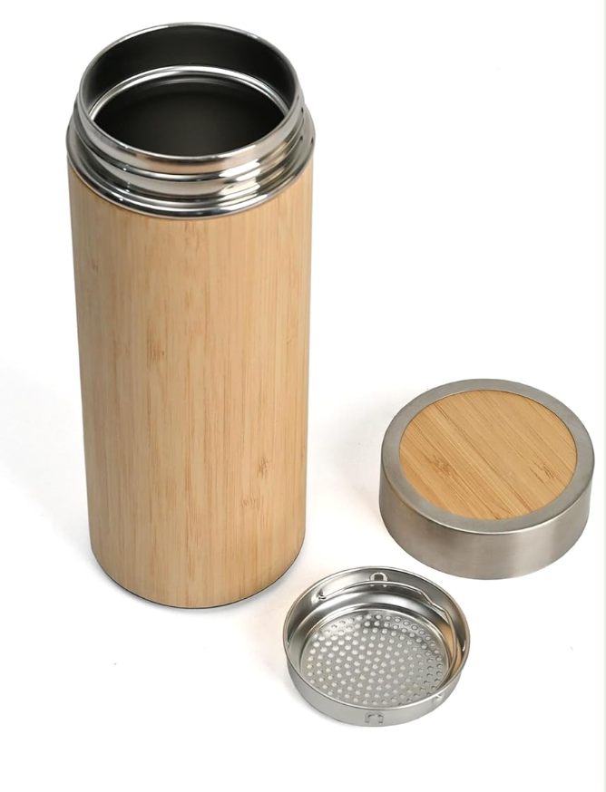 Bamboo water bottle with separate lid and filter on a white background