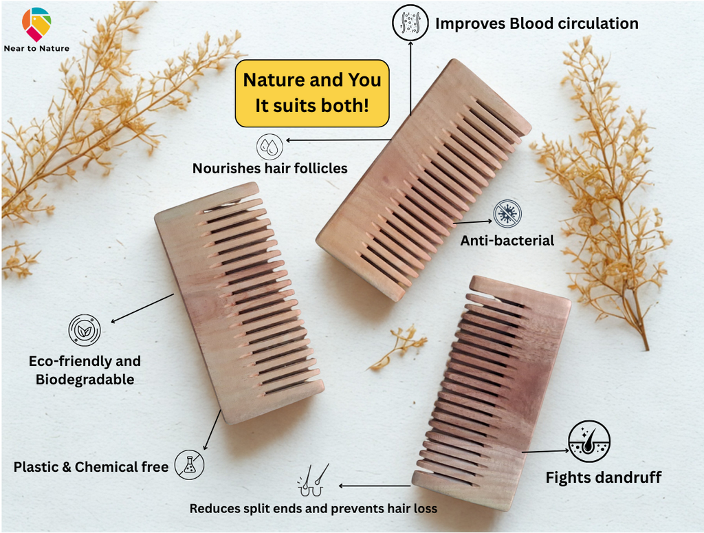 Kacchi Neem Wood Comb | Natural Herbs and Oil treated | Seasoned | Anti-bacterial | Set 0f 3 | - Near to Nature