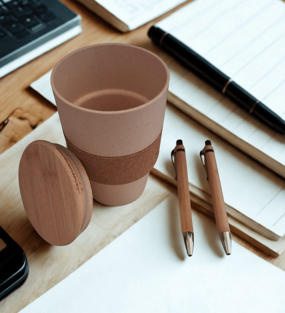 Wheat Straw Coffee Mug with bamboo lid & Bamboo Ball Pen Combo | Eco-friendly | Sustainable | - Near to Nature