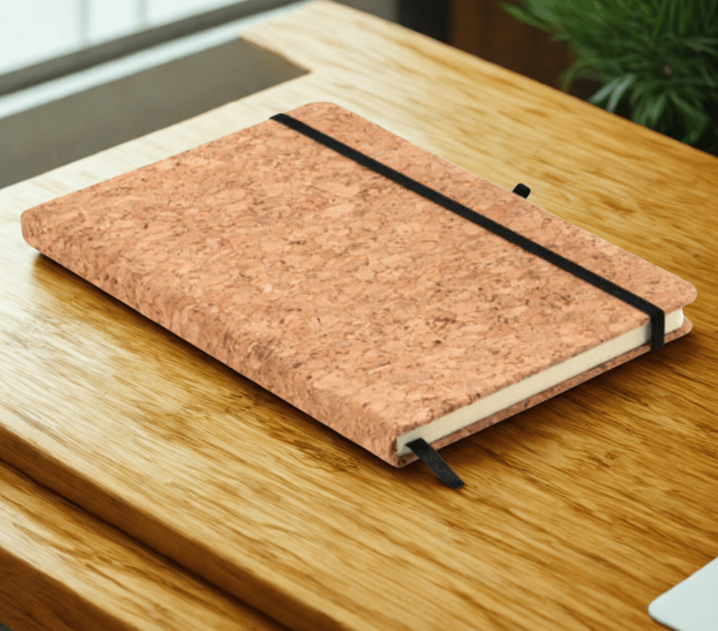 Cork notebook with black strap on a wooden surface