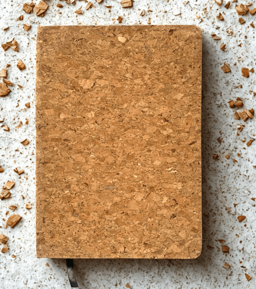 Cork notebook on a textured surface with cork pieces scattered around