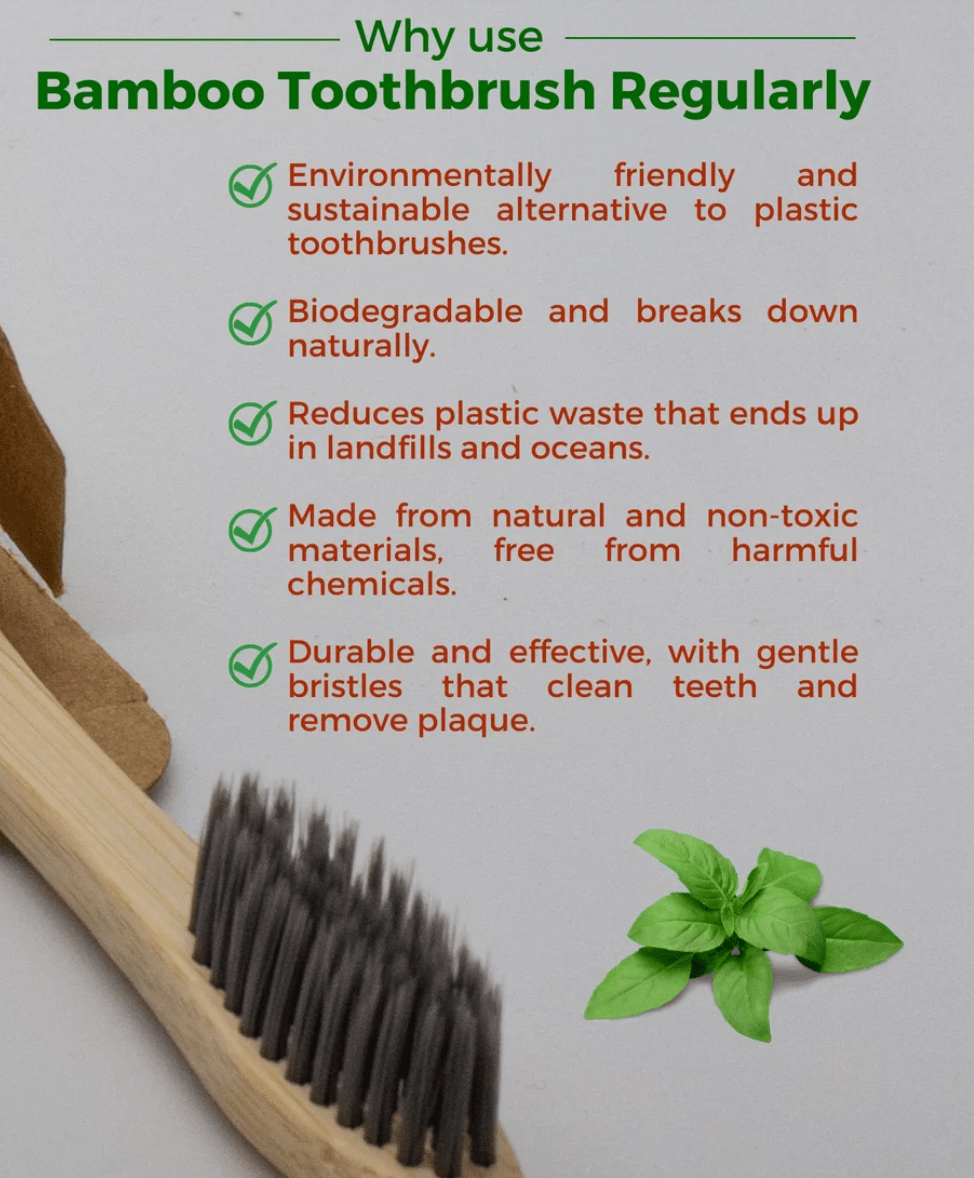 Bamboo toothbrush with promotional text about its benefits on a white background