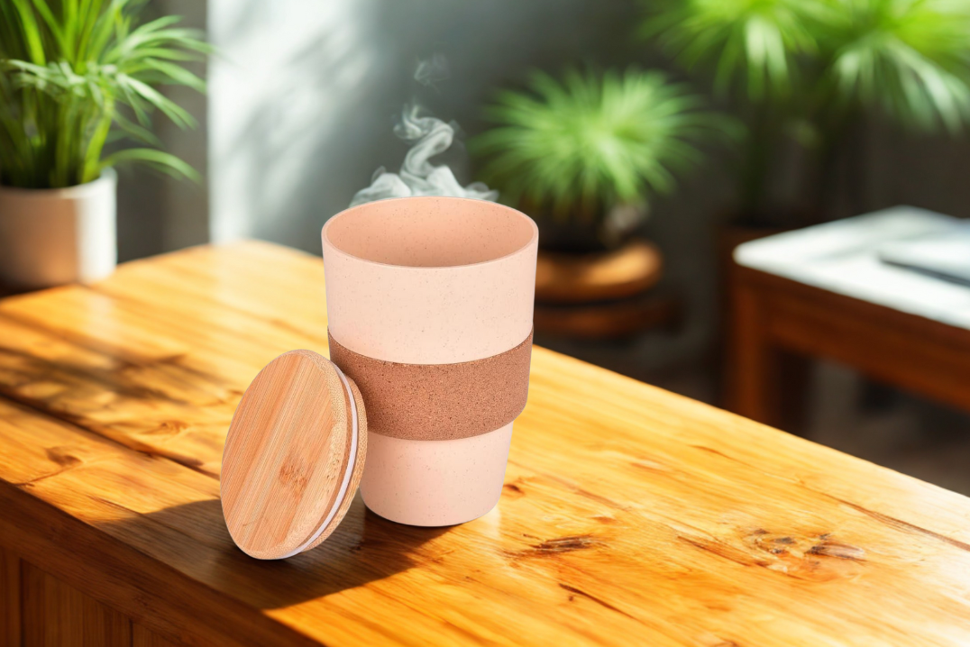 wheat straw coffee mug with cork grip on a wooden surface, surrounded by plants.