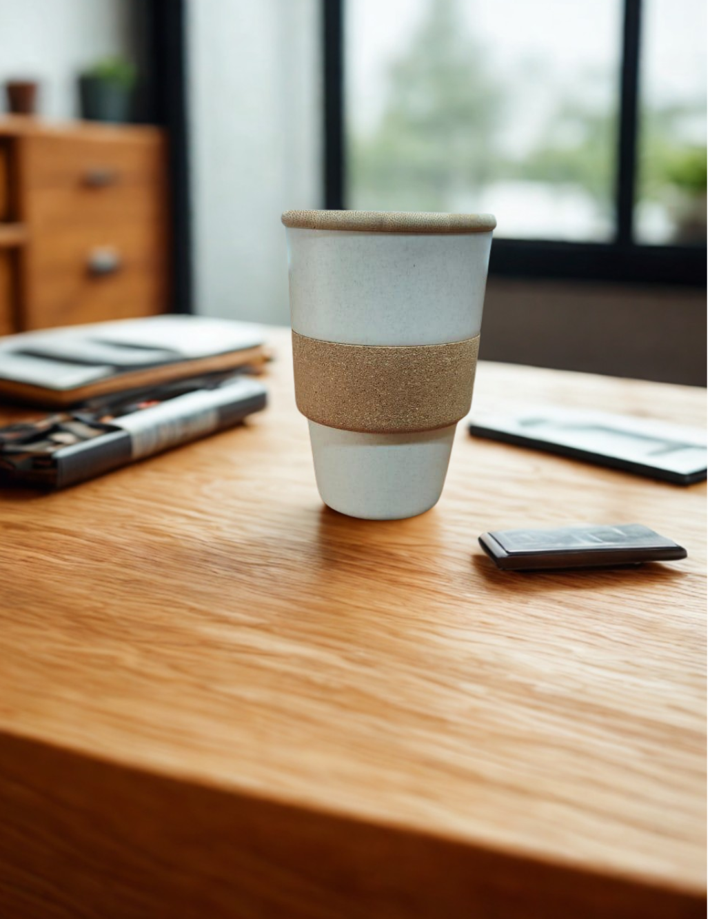Wheat straw coffee mug on a wooden desk with office items in the background