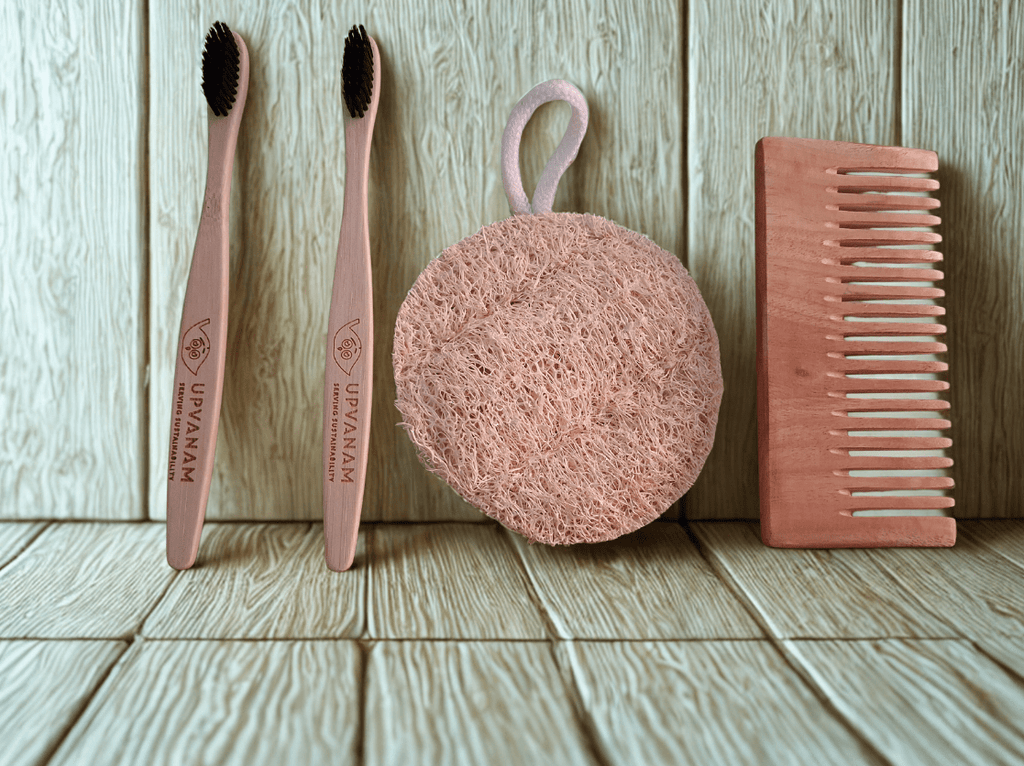 Eco-friendly Combo|Organic Bamboo Toothbrush| Natural Body Loofah | Kachhi Neem Wood Comb| - Near to Nature