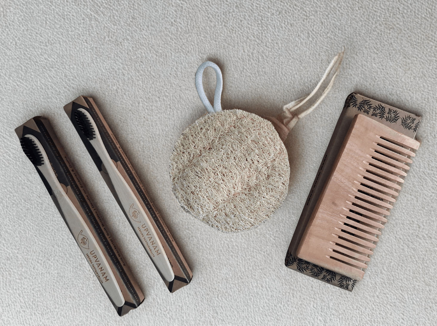 Eco-friendly Combo|Organic Bamboo Toothbrush| Natural Body Loofah | Kachhi Neem Wood Comb| - Near to Nature